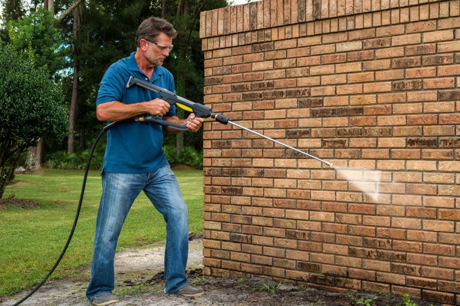 Pressure washer. High Pressure Washer man. Pressure Washer for Fence Cleaning. Power Wash Fence. Pressure washing Gun photo.