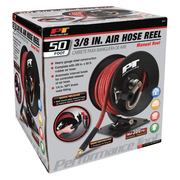 Performance Tool® M672 - Air Hose Reel with Rubber 3/8 x 50' Air Hose 