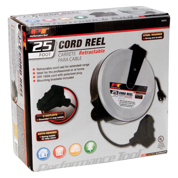Performance Tool® W2272 - Retractable Cord Reels with 3 Outlets (25', 16  AWG) 